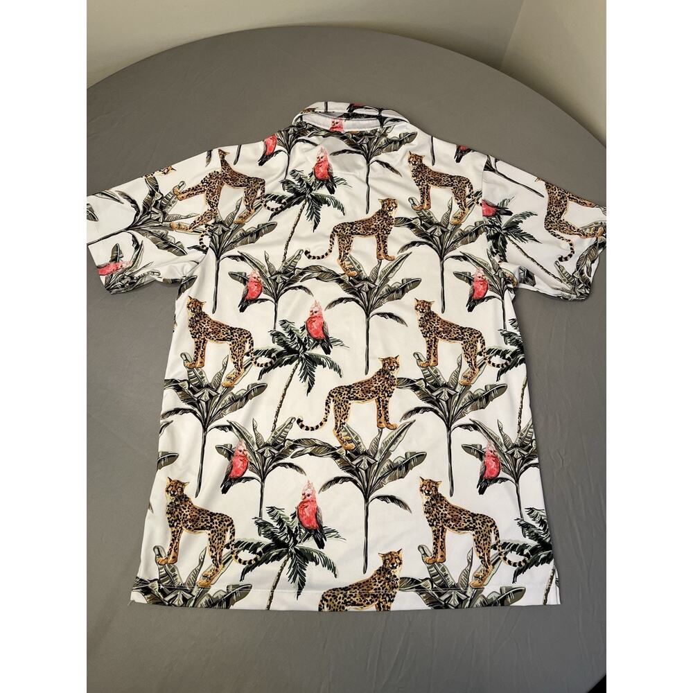 Bad Birdie Men's Performance Golf Polo Shirt Size Large Floral Cheetah Parrot - Picture 3 of 8
